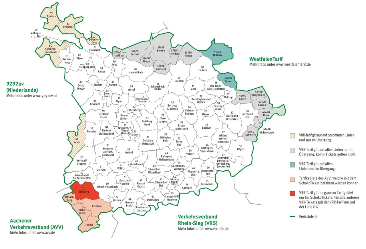 Karte mit Tarifgebieten des VRR und AVV. Ein Ticket 2000 map zeigt die Zonen f&uuml;r Fahrpreise.