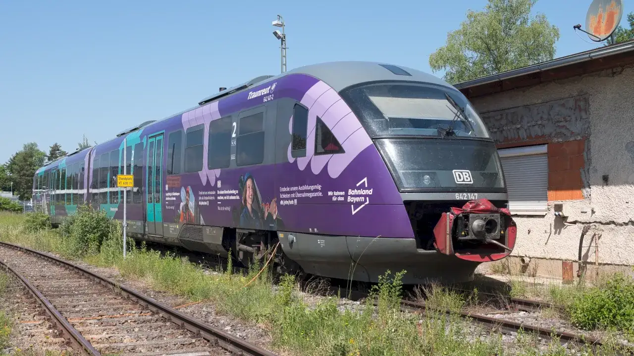 Ein lila-grauer Triebzug der Baureihe br 642 steht auf Gleisen. Werbung f&uuml;r Ausbildungsm&ouml;glichkeiten der Bahn ziert die Seite.