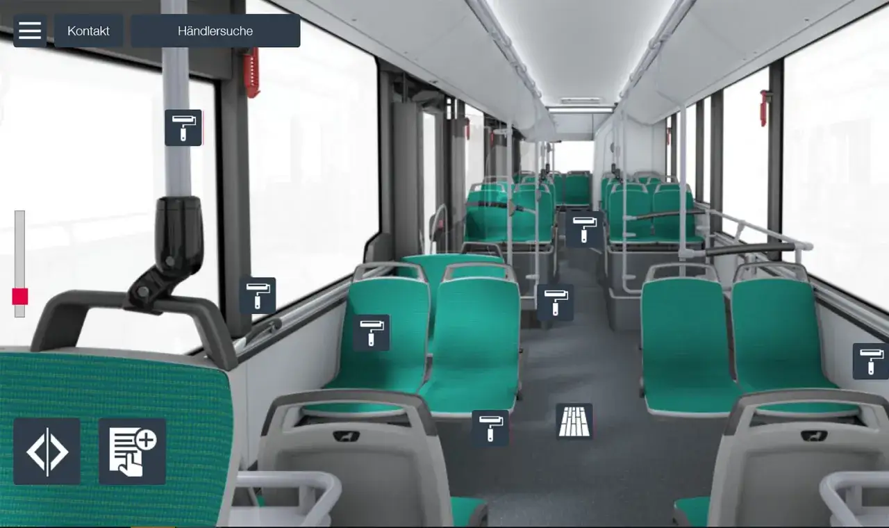 Innenansicht eines modernen Linienbusses mit gr&uuml;nen Sitzen. Hier kann man sich informieren, wie viel kostet ein Linienbus.