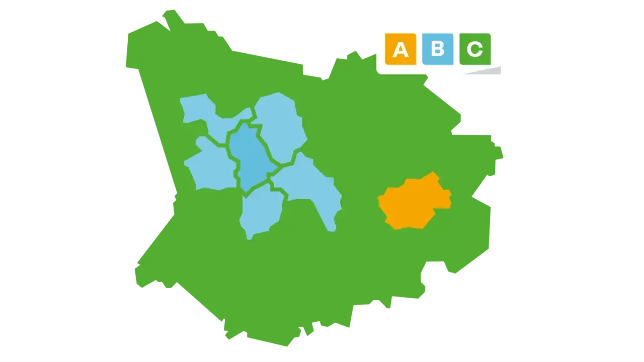 VRR Preisstufen: Karte zeigt gr&uuml;ne, blaue und orangefarbene Zonen, die verschiedene Tarifgebiete f&uuml;r Tickets darstellen.