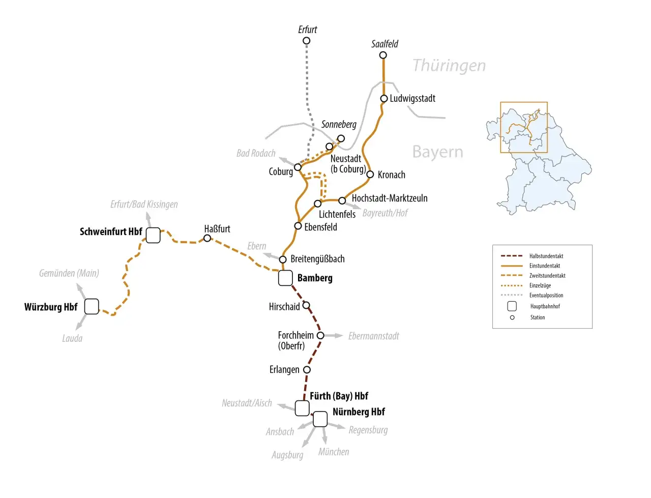 Bahnnetz in Bayern und Th&uuml;ringen. Die re 29 verbindet W&uuml;rzburg Hbf mit N&uuml;rnberg Hbf &uuml;ber Bamberg.