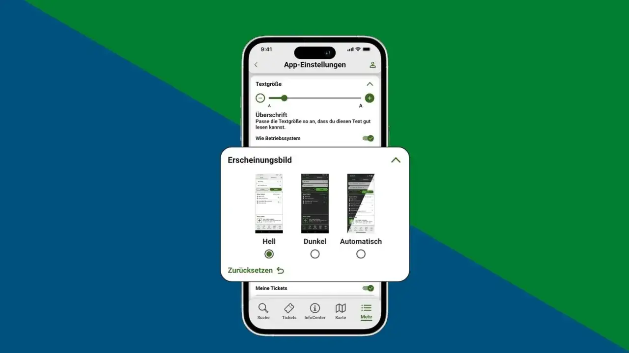 Einstellungen f&uuml;r das Schokoticket auf dem Handy: Textgr&ouml;&szlig;e anpassen und zwischen hellem, dunklem oder automatischem Erscheinungsbild w&auml;hlen.