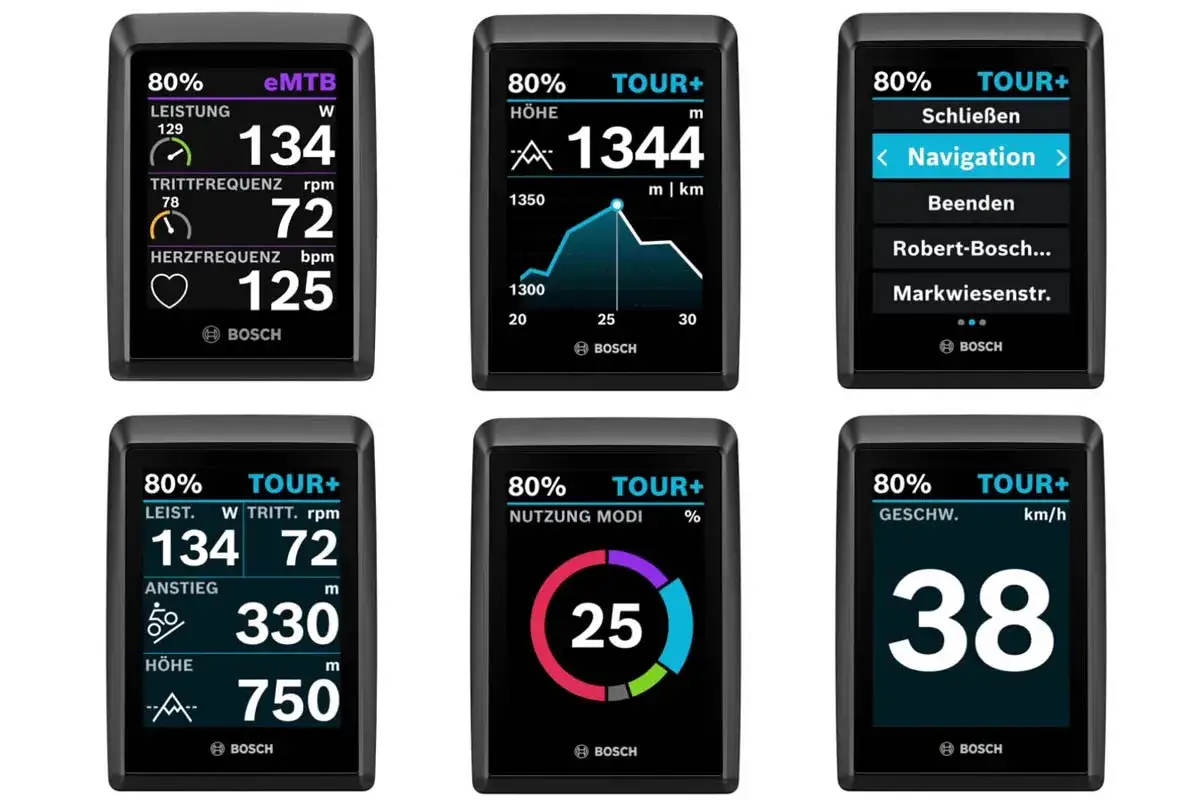 Bosch ebike displays zeigen Leistung, Trittfrequenz, Herzfrequenz, Höhe, Navigation und Geschwindigkeit. Der ebike flow ist im vollen Gange!