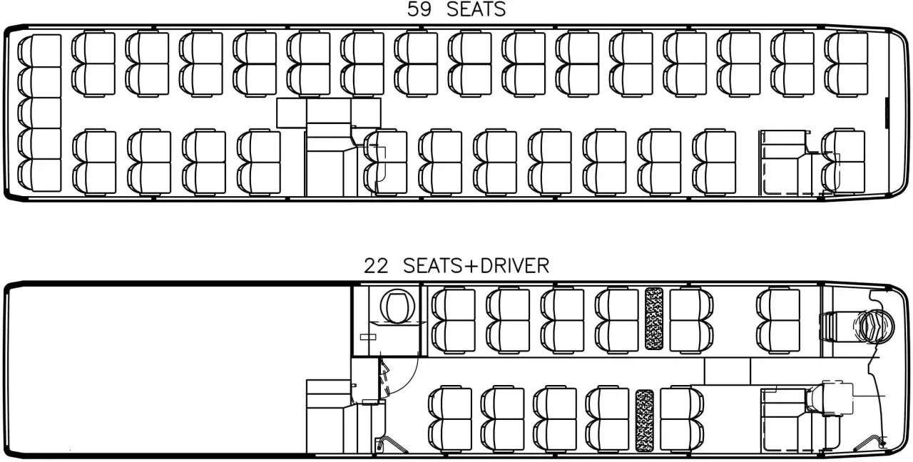 Grundrisse zeigen zwei Reisebusse: einer mit 59 Sitzen, der andere mit 22 Sitzen plus Fahrer. So viele Leute passen in einen Reisebus.