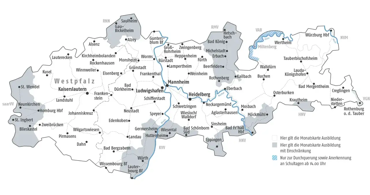 Karte von Westpfalz mit St&auml;dten und Regionen, die das kinder monatsticket abdecken.