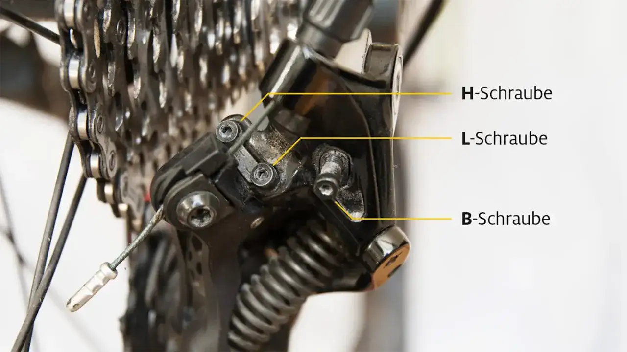 Nahaufnahme eines Fahrrad-Schaltwerks. H-, L- und B-Schraube sind markiert, um das Einstellen der kettenschaltung zu erleichtern.