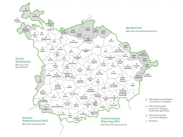 Karte des WestfalenTarifs mit Regionen und Städten. Das NRW Ticket VRR deckt viele Gebiete ab, wie auf der Karte des VRR-Tarifs zu sehen ist.