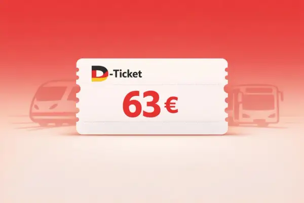 D-Ticket für 63€ mit Zug und Bus im Hintergrund.